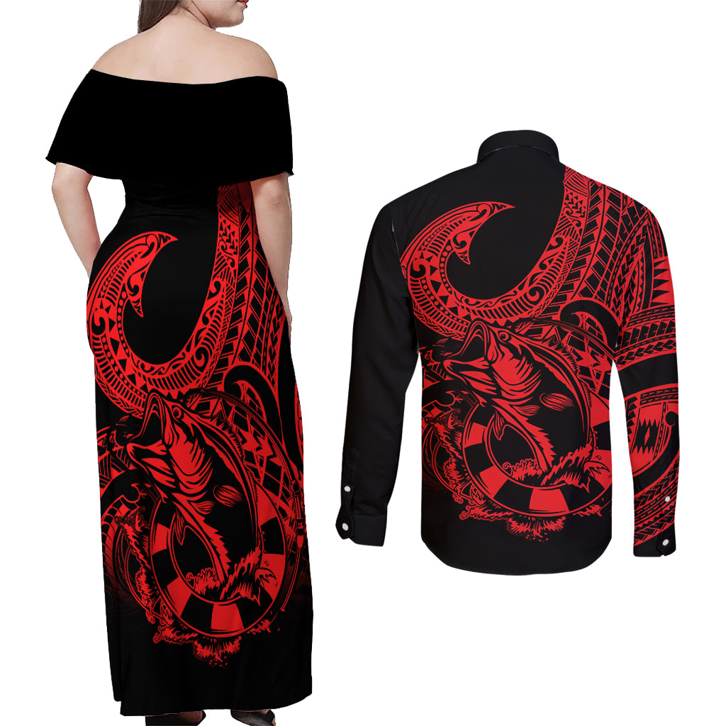 Polynesia Couples Matching Off Shoulder Maxi Dress and Long Sleeve Button Shirts Fish Hook Tattoo Go Fishing Polynesian Pattern Red - Wonder Print Shop