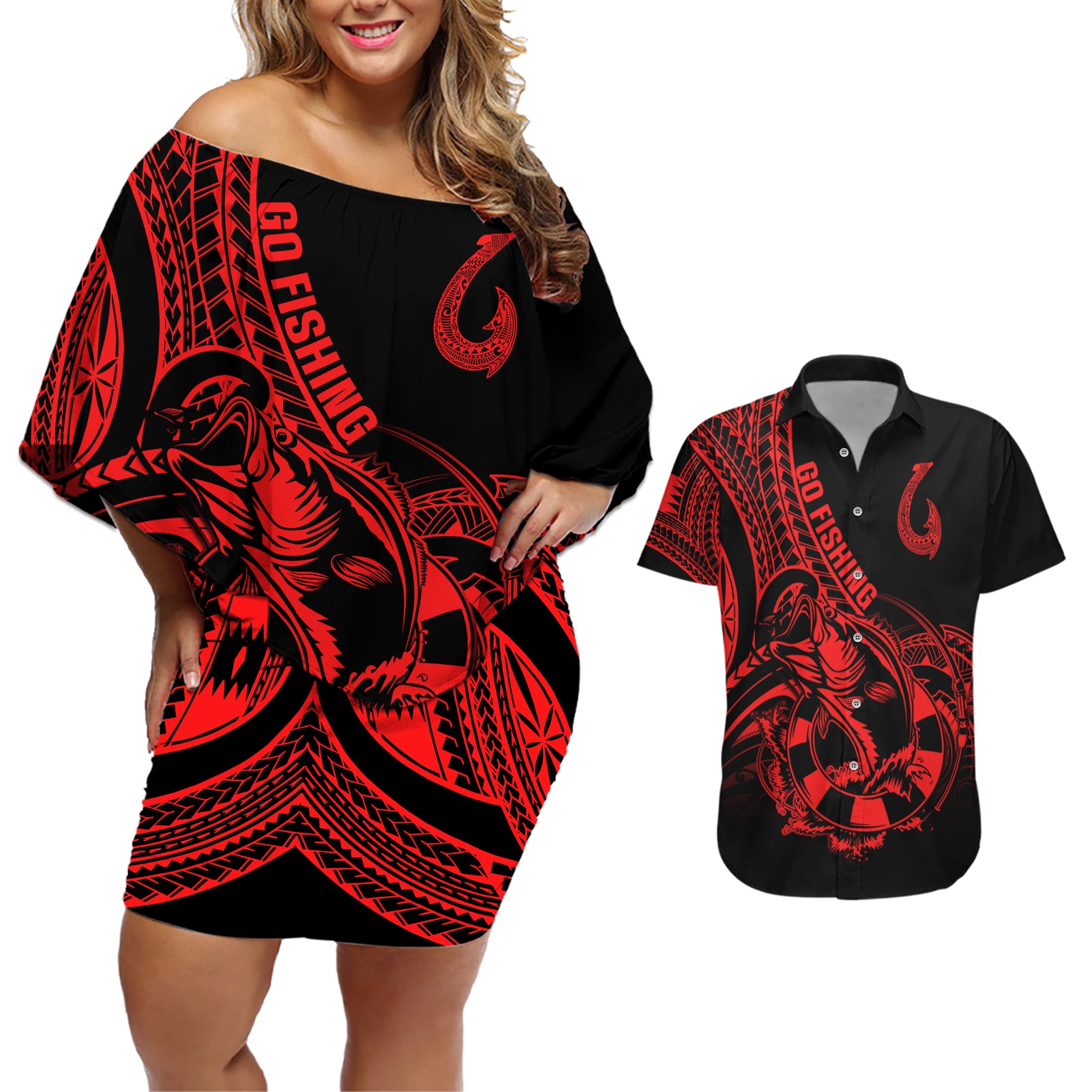 Polynesia Couples Matching Off Shoulder Short Dress and Hawaiian Shirt Fish Hook Tattoo Go Fishing Polynesian Pattern Red - Wonder Print Shop