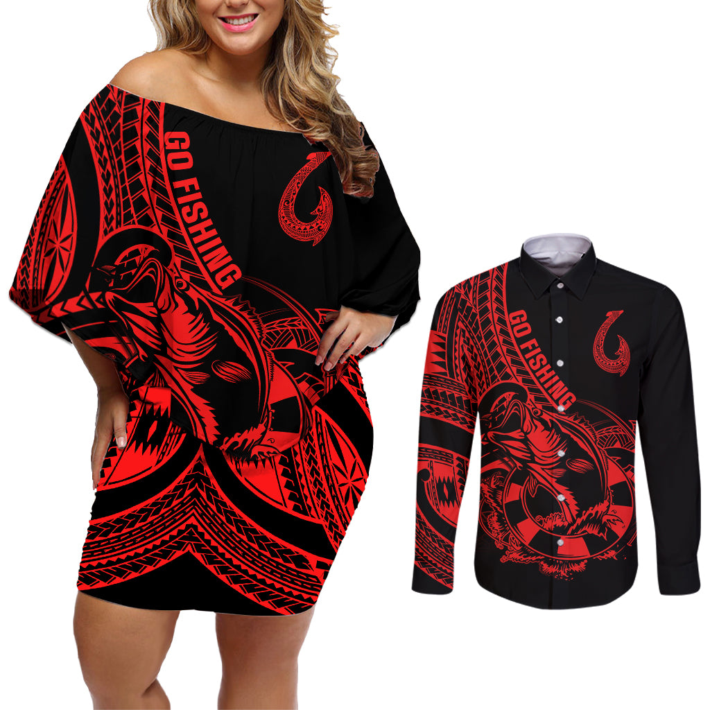 Polynesia Couples Matching Off Shoulder Short Dress and Long Sleeve Button Shirts Fish Hook Tattoo Go Fishing Polynesian Pattern Red - Wonder Print Shop
