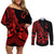 Polynesia Couples Matching Off Shoulder Short Dress and Long Sleeve Button Shirts Fish Hook Tattoo Go Fishing Polynesian Pattern Red - Wonder Print Shop