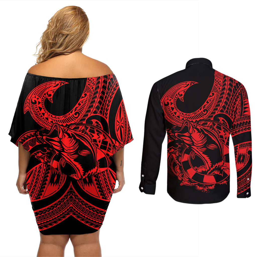 Polynesia Couples Matching Off Shoulder Short Dress and Long Sleeve Button Shirts Fish Hook Tattoo Go Fishing Polynesian Pattern Red - Wonder Print Shop