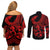 Polynesia Couples Matching Off Shoulder Short Dress and Long Sleeve Button Shirts Fish Hook Tattoo Go Fishing Polynesian Pattern Red - Wonder Print Shop