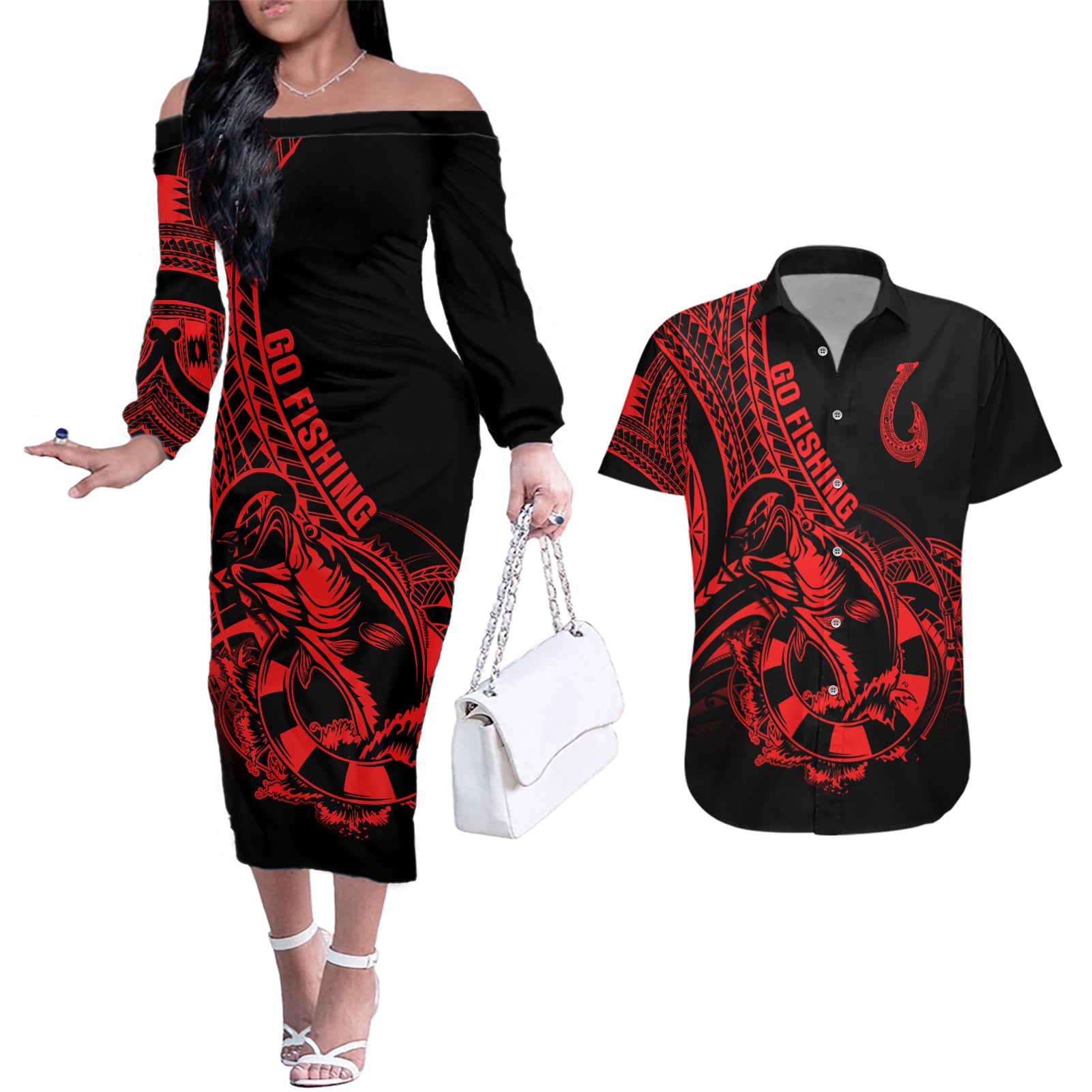 Polynesia Couples Matching Off The Shoulder Long Sleeve Dress and Hawaiian Shirt Fish Hook Tattoo Go Fishing Polynesian Pattern Red - Wonder Print Shop