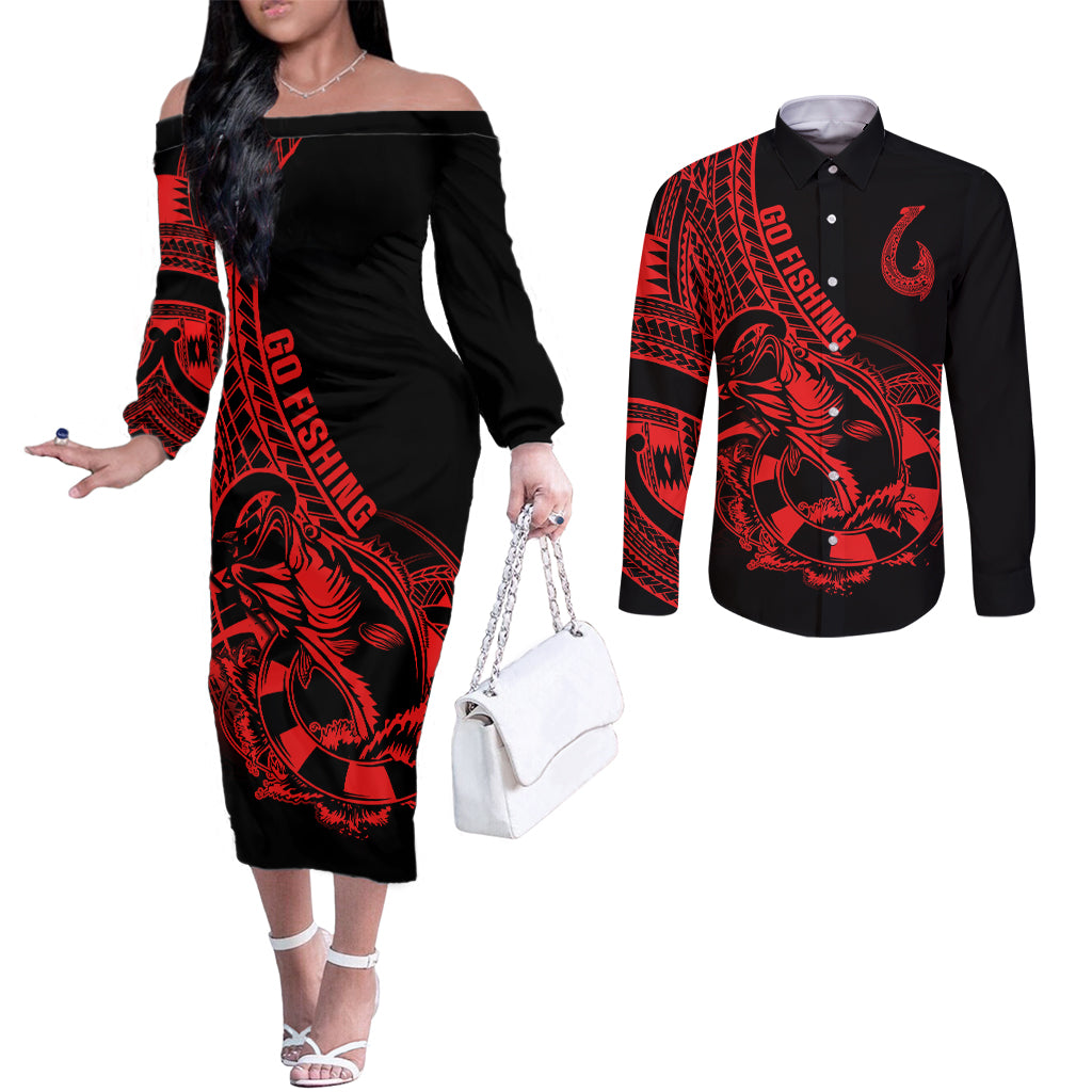 polynesia-couples-matching-off-the-shoulder-long-sleeve-dress-and-long-sleeve-button-shirts-fish-hook-tattoo-go-fishing-polynesian-pattern-red