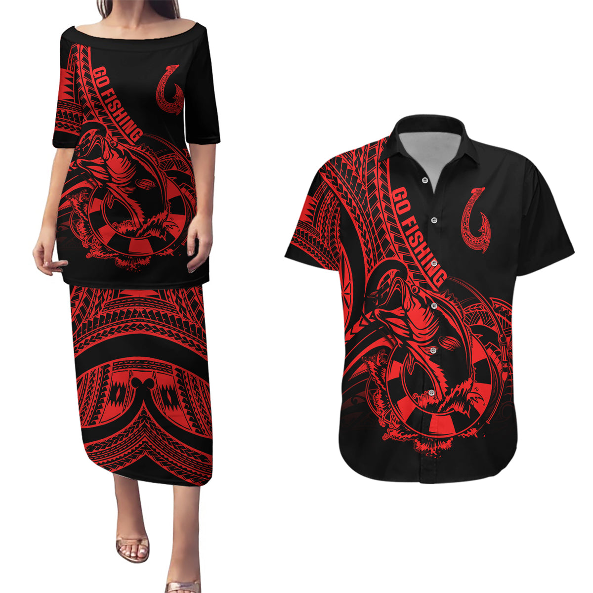 Polynesia Couples Matching Puletasi Dress and Hawaiian Shirt Fish Hook Tattoo Go Fishing Polynesian Pattern Red - Wonder Print Shop