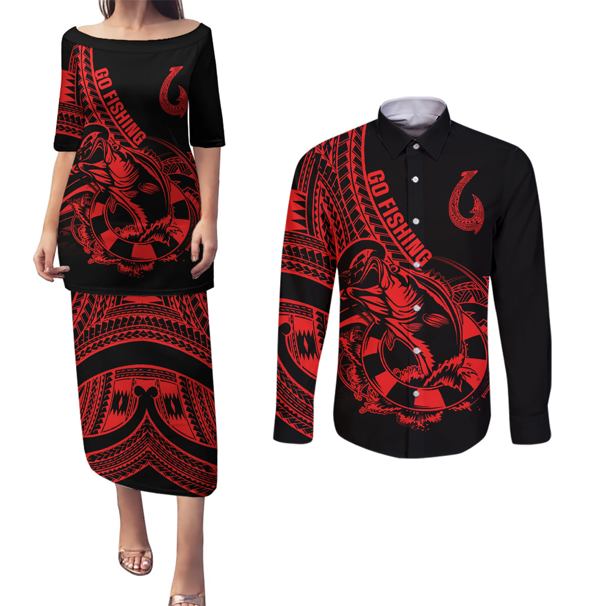 Polynesia Couples Matching Puletasi Dress and Long Sleeve Button Shirts Fish Hook Tattoo Go Fishing Polynesian Pattern Red - Wonder Print Shop