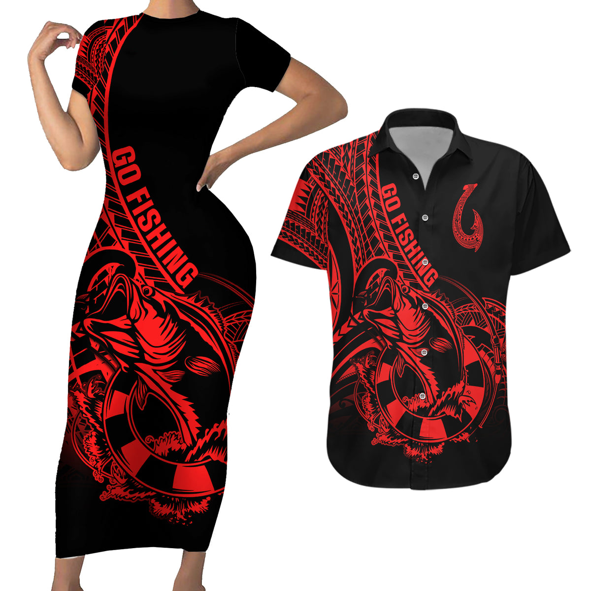 Polynesia Couples Matching Short Sleeve Bodycon Dress and Hawaiian Shirt Fish Hook Tattoo Go Fishing Polynesian Pattern Red - Wonder Print Shop