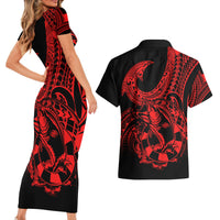 Polynesia Couples Matching Short Sleeve Bodycon Dress and Hawaiian Shirt Fish Hook Tattoo Go Fishing Polynesian Pattern Red - Wonder Print Shop