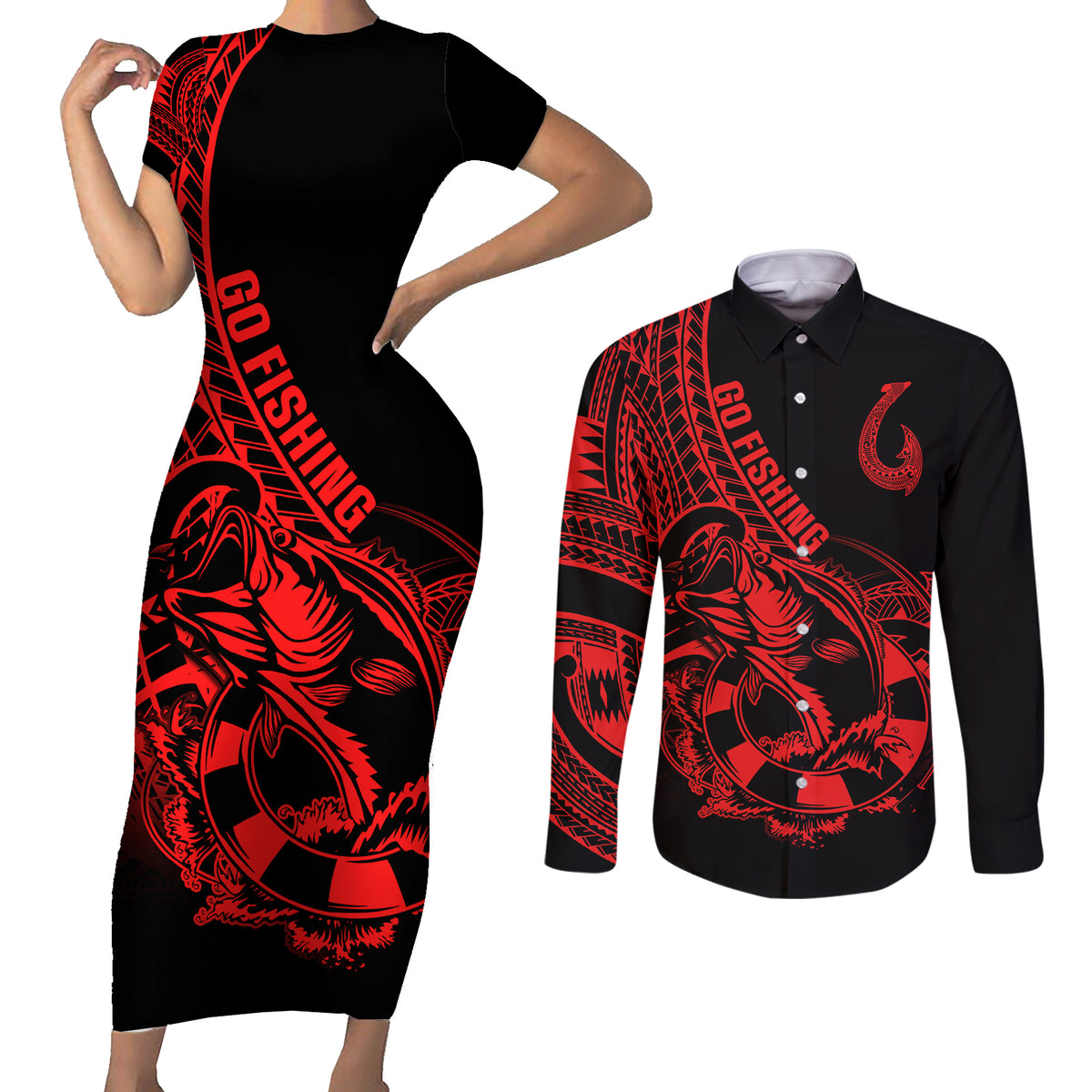 Polynesia Couples Matching Short Sleeve Bodycon Dress and Long Sleeve Button Shirts Fish Hook Tattoo Go Fishing Polynesian Pattern Red - Wonder Print Shop