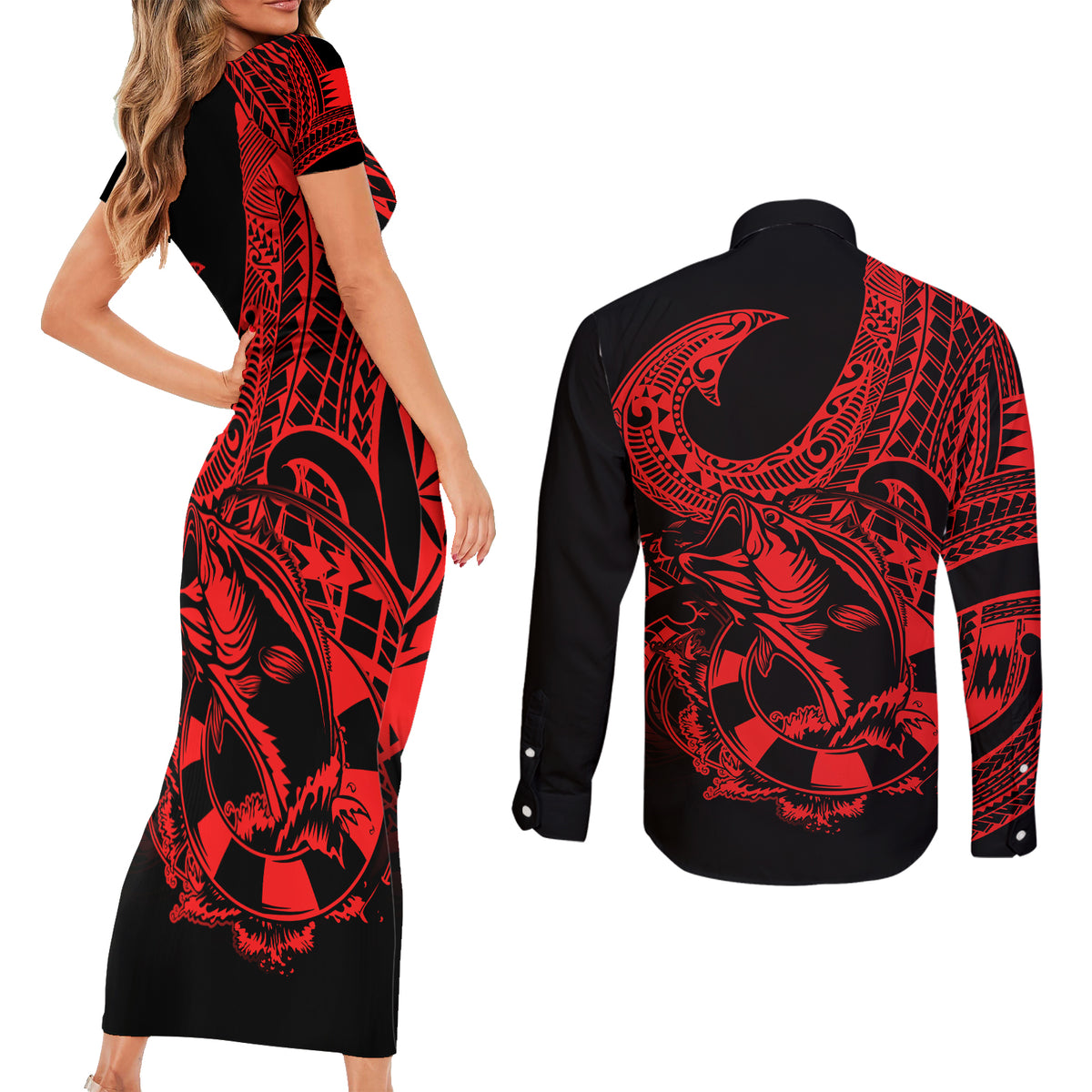 Polynesia Couples Matching Short Sleeve Bodycon Dress and Long Sleeve Button Shirts Fish Hook Tattoo Go Fishing Polynesian Pattern Red - Wonder Print Shop
