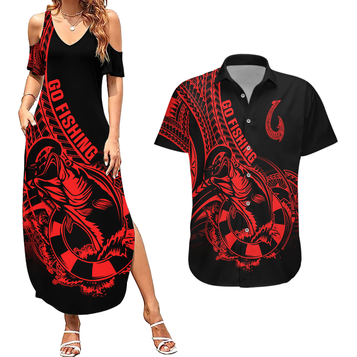 Polynesia Couples Matching Summer Maxi Dress and Hawaiian Shirt Fish Hook Tattoo Go Fishing Polynesian Pattern Red - Wonder Print Shop
