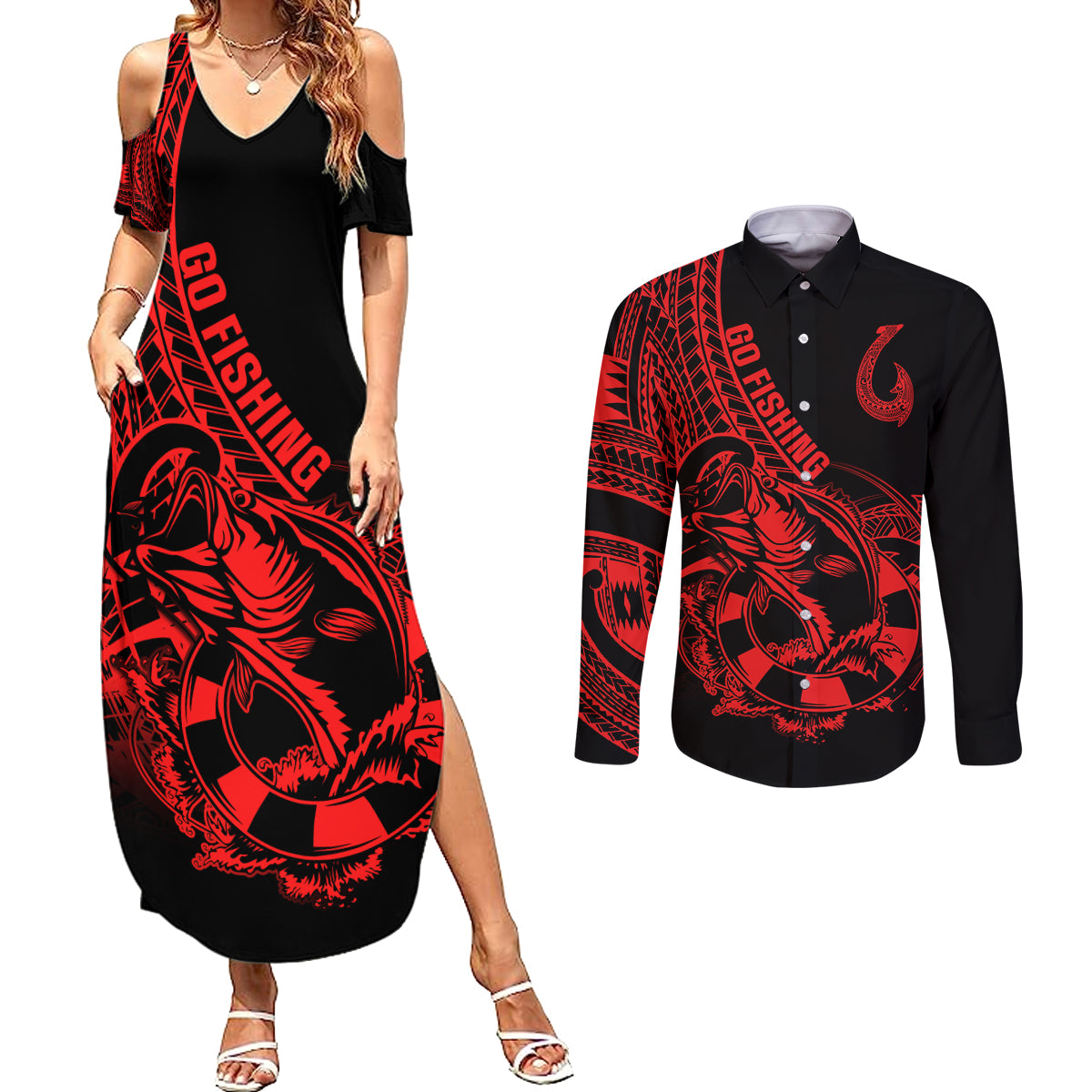 Polynesia Couples Matching Summer Maxi Dress and Long Sleeve Button Shirts Fish Hook Tattoo Go Fishing Polynesian Pattern Red - Wonder Print Shop