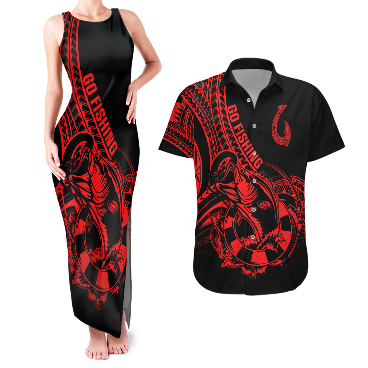 Polynesia Couples Matching Tank Maxi Dress and Hawaiian Shirt Fish Hook Tattoo Go Fishing Polynesian Pattern Red - Wonder Print Shop