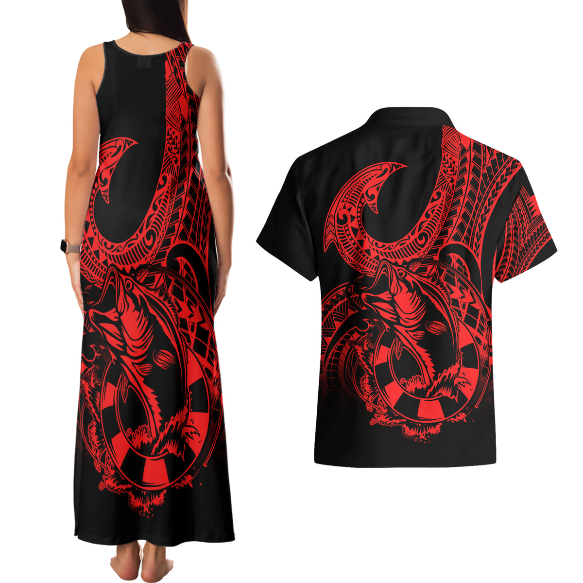 Polynesia Couples Matching Tank Maxi Dress and Hawaiian Shirt Fish Hook Tattoo Go Fishing Polynesian Pattern Red - Wonder Print Shop