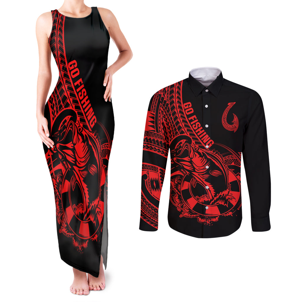 Polynesia Couples Matching Tank Maxi Dress and Long Sleeve Button Shirts Fish Hook Tattoo Go Fishing Polynesian Pattern Red - Wonder Print Shop