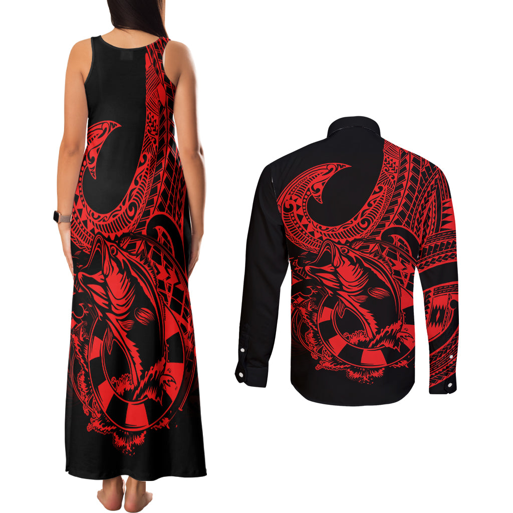 Polynesia Couples Matching Tank Maxi Dress and Long Sleeve Button Shirts Fish Hook Tattoo Go Fishing Polynesian Pattern Red - Wonder Print Shop