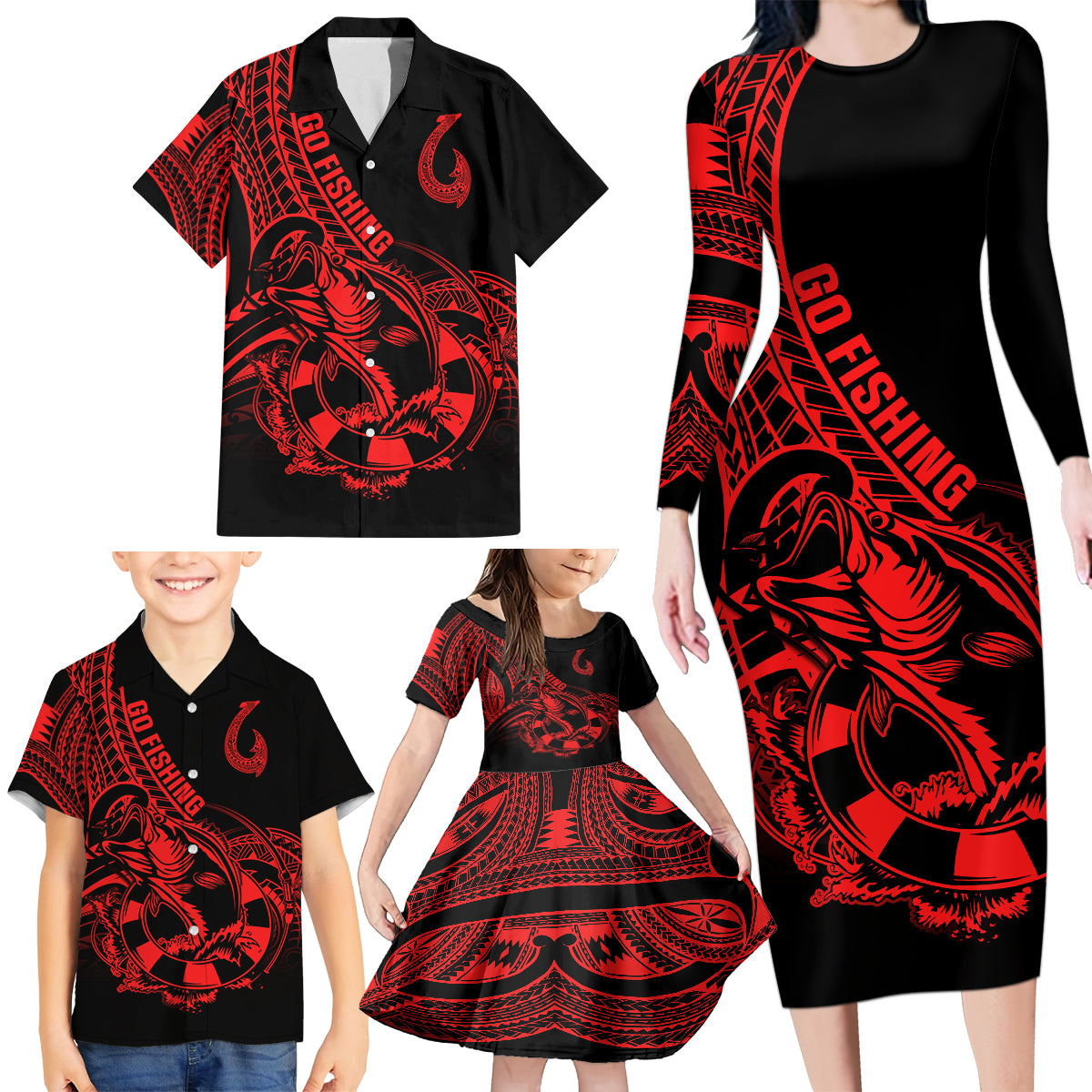 Polynesia Family Matching Long Sleeve Bodycon Dress and Hawaiian Shirt Fish Hook Tattoo Go Fishing Polynesian Pattern Red - Wonder Print Shop