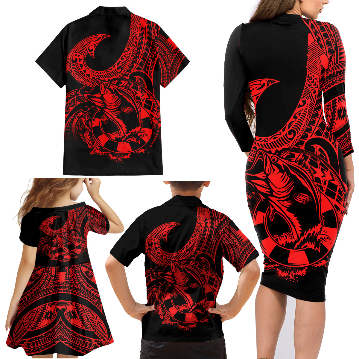 Polynesia Family Matching Long Sleeve Bodycon Dress and Hawaiian Shirt Fish Hook Tattoo Go Fishing Polynesian Pattern Red - Wonder Print Shop