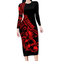 Polynesia Family Matching Long Sleeve Bodycon Dress and Hawaiian Shirt Fish Hook Tattoo Go Fishing Polynesian Pattern Red - Wonder Print Shop