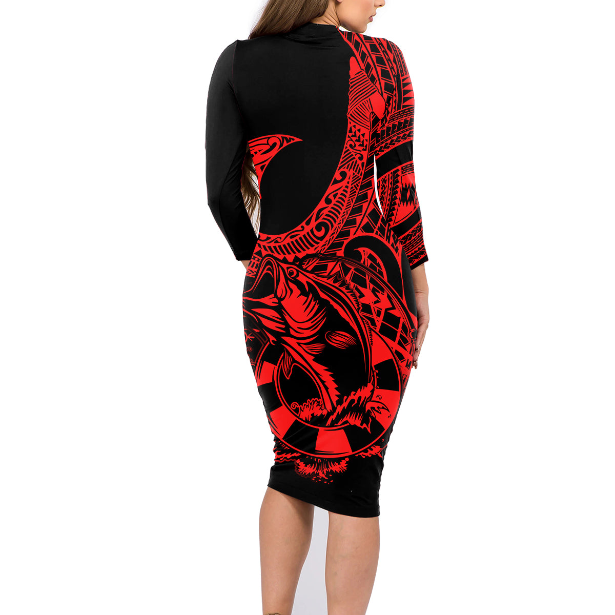 Polynesia Family Matching Long Sleeve Bodycon Dress and Hawaiian Shirt Fish Hook Tattoo Go Fishing Polynesian Pattern Red - Wonder Print Shop