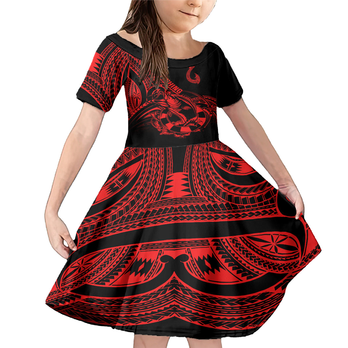 Polynesia Family Matching Mermaid Dress and Hawaiian Shirt Fish Hook Tattoo Go Fishing Polynesian Pattern Red - Wonder Print Shop