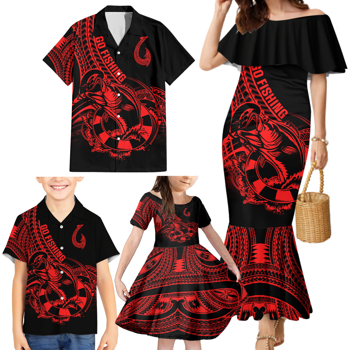 Polynesia Family Matching Mermaid Dress and Hawaiian Shirt Fish Hook Tattoo Go Fishing Polynesian Pattern Red - Wonder Print Shop