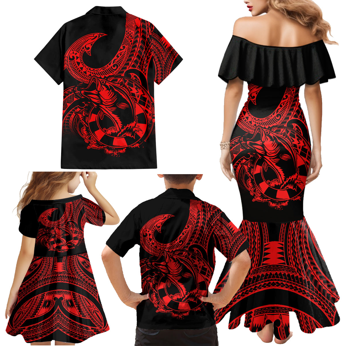 Polynesia Family Matching Mermaid Dress and Hawaiian Shirt Fish Hook Tattoo Go Fishing Polynesian Pattern Red - Wonder Print Shop