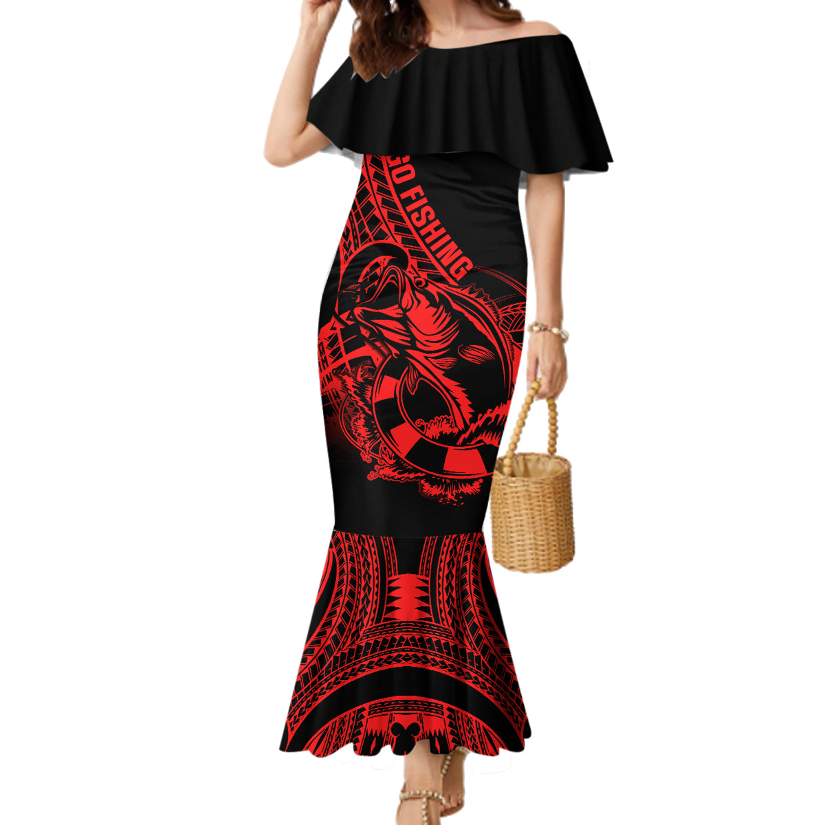 Polynesia Family Matching Mermaid Dress and Hawaiian Shirt Fish Hook Tattoo Go Fishing Polynesian Pattern Red - Wonder Print Shop