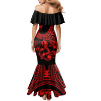 Polynesia Family Matching Mermaid Dress and Hawaiian Shirt Fish Hook Tattoo Go Fishing Polynesian Pattern Red - Wonder Print Shop