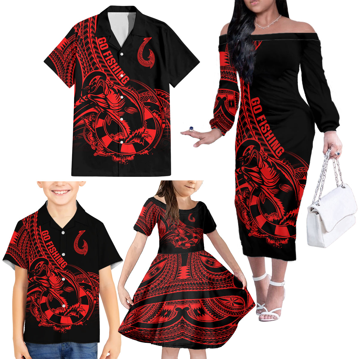 Polynesia Family Matching Off Shoulder Long Sleeve Dress and Hawaiian Shirt Fish Hook Tattoo Go Fishing Polynesian Pattern Red - Wonder Print Shop