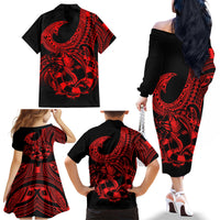 Polynesia Family Matching Off Shoulder Long Sleeve Dress and Hawaiian Shirt Fish Hook Tattoo Go Fishing Polynesian Pattern Red - Wonder Print Shop