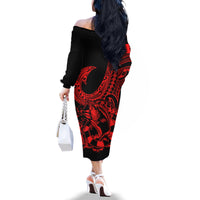 Polynesia Family Matching Off Shoulder Long Sleeve Dress and Hawaiian Shirt Fish Hook Tattoo Go Fishing Polynesian Pattern Red - Wonder Print Shop