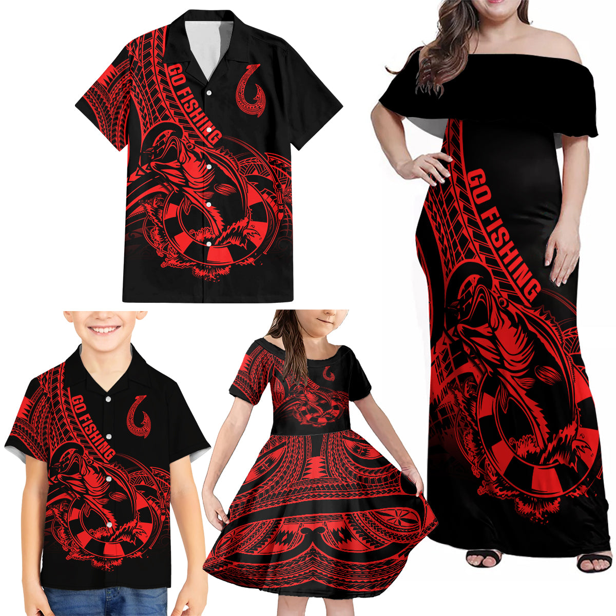 Polynesia Family Matching Off Shoulder Maxi Dress and Hawaiian Shirt Fish Hook Tattoo Go Fishing Polynesian Pattern Red - Wonder Print Shop