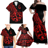 Polynesia Family Matching Off Shoulder Maxi Dress and Hawaiian Shirt Fish Hook Tattoo Go Fishing Polynesian Pattern Red - Wonder Print Shop