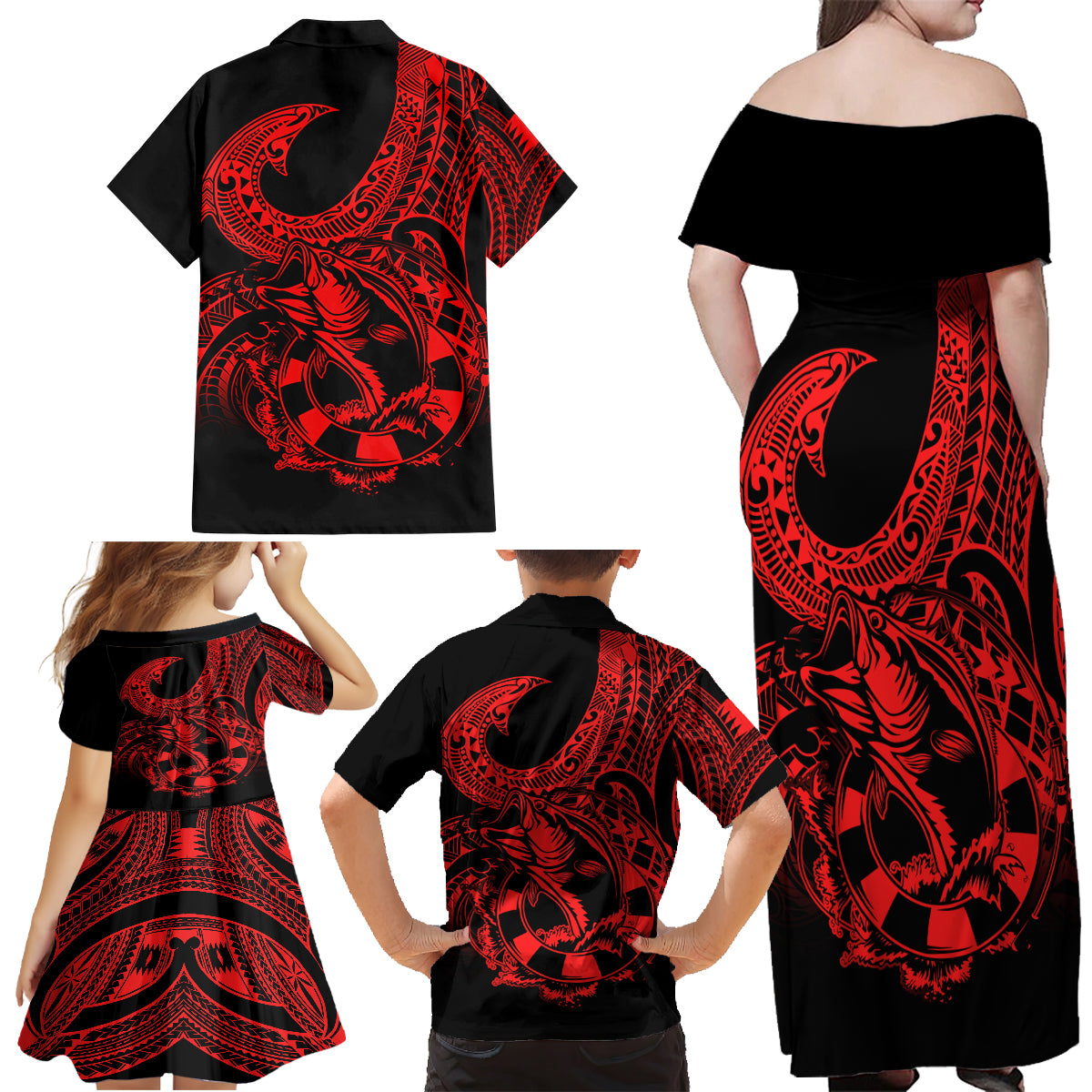 Polynesia Family Matching Off Shoulder Maxi Dress and Hawaiian Shirt Fish Hook Tattoo Go Fishing Polynesian Pattern Red - Wonder Print Shop