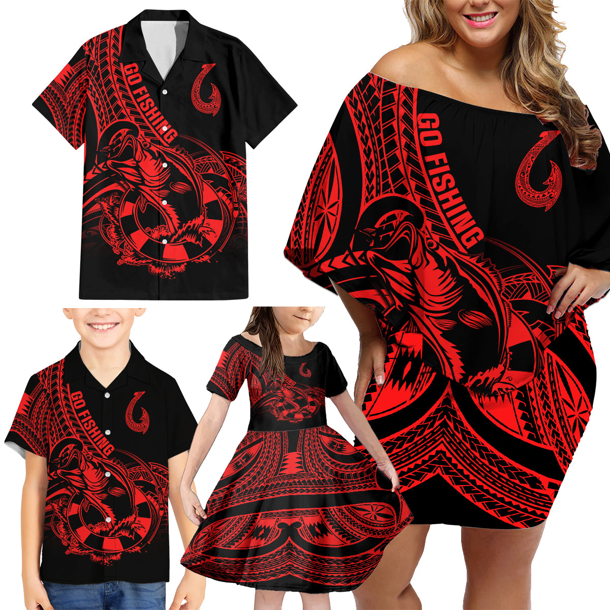 Polynesia Family Matching Off Shoulder Short Dress and Hawaiian Shirt Fish Hook Tattoo Go Fishing Polynesian Pattern Red - Wonder Print Shop