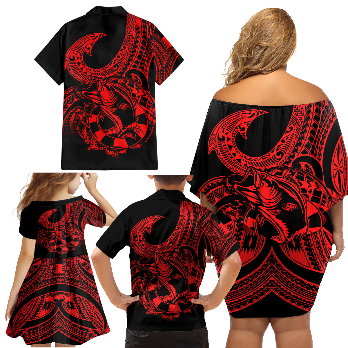 Polynesia Family Matching Off Shoulder Short Dress and Hawaiian Shirt Fish Hook Tattoo Go Fishing Polynesian Pattern Red - Wonder Print Shop