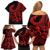 Polynesia Family Matching Off Shoulder Short Dress and Hawaiian Shirt Fish Hook Tattoo Go Fishing Polynesian Pattern Red - Wonder Print Shop