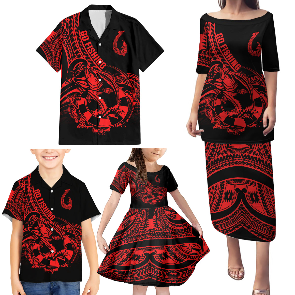 Polynesia Family Matching Puletasi Dress and Hawaiian Shirt Fish Hook Tattoo Go Fishing Polynesian Pattern Red - Wonder Print Shop