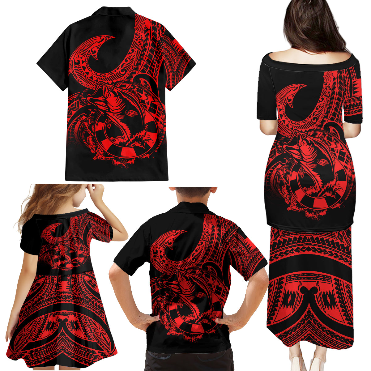 Polynesia Family Matching Puletasi Dress and Hawaiian Shirt Fish Hook Tattoo Go Fishing Polynesian Pattern Red - Wonder Print Shop