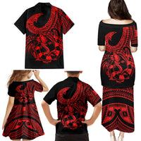 Polynesia Family Matching Puletasi Dress and Hawaiian Shirt Fish Hook Tattoo Go Fishing Polynesian Pattern Red - Wonder Print Shop
