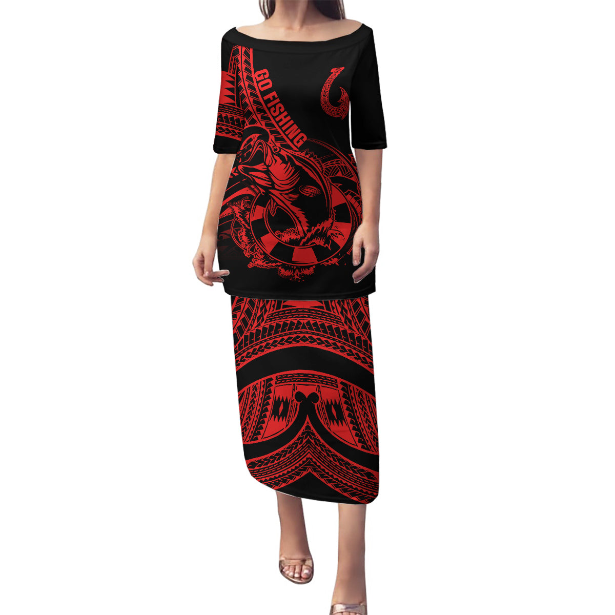 Polynesia Family Matching Puletasi Dress and Hawaiian Shirt Fish Hook Tattoo Go Fishing Polynesian Pattern Red - Wonder Print Shop