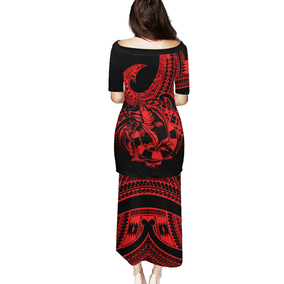 Polynesia Family Matching Puletasi Dress and Hawaiian Shirt Fish Hook Tattoo Go Fishing Polynesian Pattern Red - Wonder Print Shop