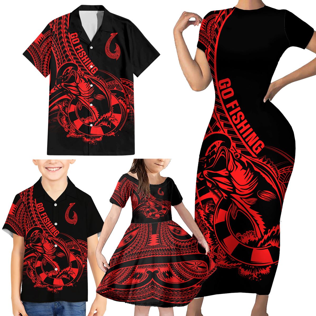 Polynesia Family Matching Short Sleeve Bodycon Dress and Hawaiian Shirt Fish Hook Tattoo Go Fishing Polynesian Pattern Red - Wonder Print Shop