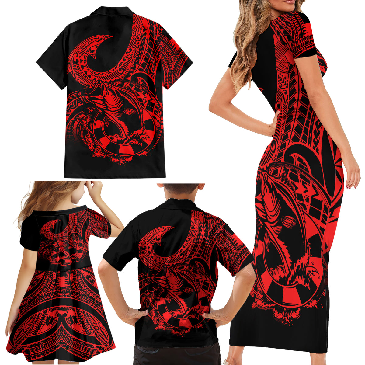 Polynesia Family Matching Short Sleeve Bodycon Dress and Hawaiian Shirt Fish Hook Tattoo Go Fishing Polynesian Pattern Red - Wonder Print Shop