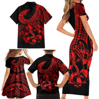 Polynesia Family Matching Short Sleeve Bodycon Dress and Hawaiian Shirt Fish Hook Tattoo Go Fishing Polynesian Pattern Red - Wonder Print Shop