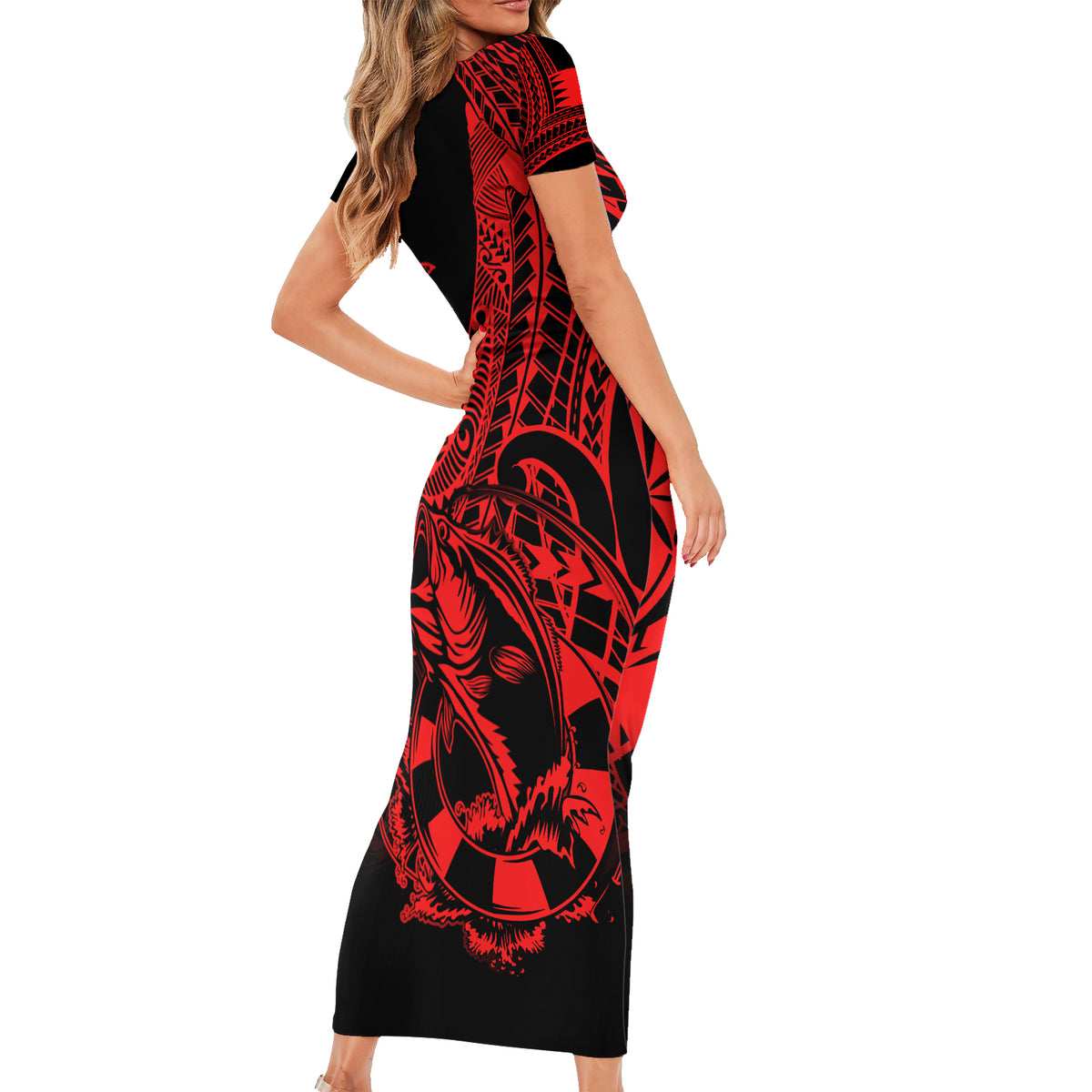 Polynesia Family Matching Short Sleeve Bodycon Dress and Hawaiian Shirt Fish Hook Tattoo Go Fishing Polynesian Pattern Red - Wonder Print Shop