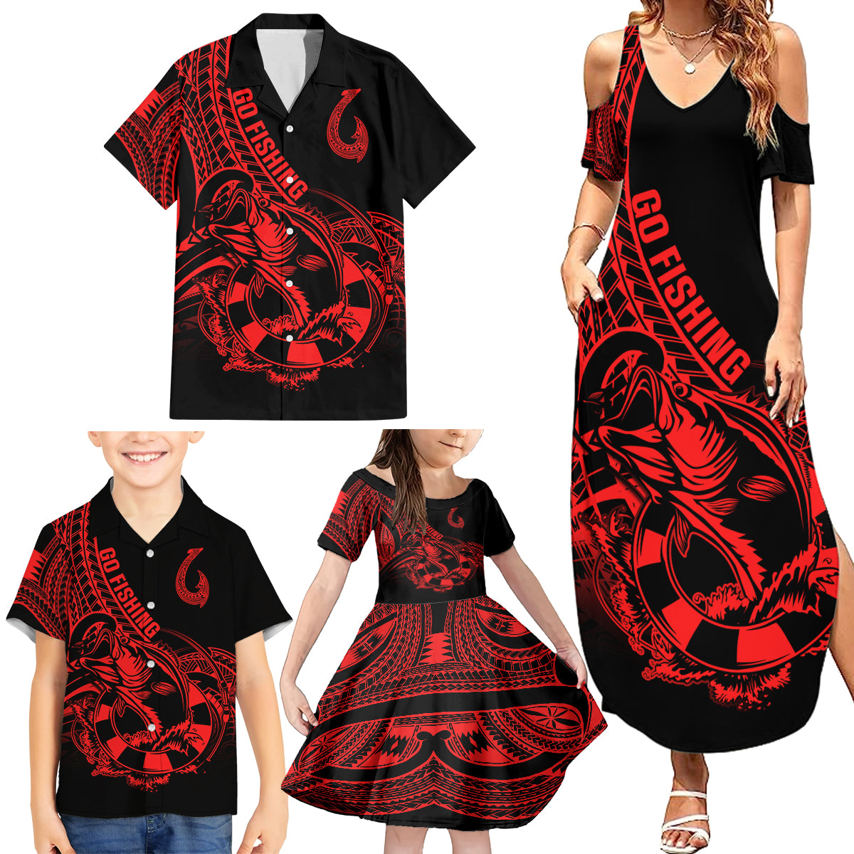 Polynesia Family Matching Summer Maxi Dress and Hawaiian Shirt Fish Hook Tattoo Go Fishing Polynesian Pattern Red - Wonder Print Shop