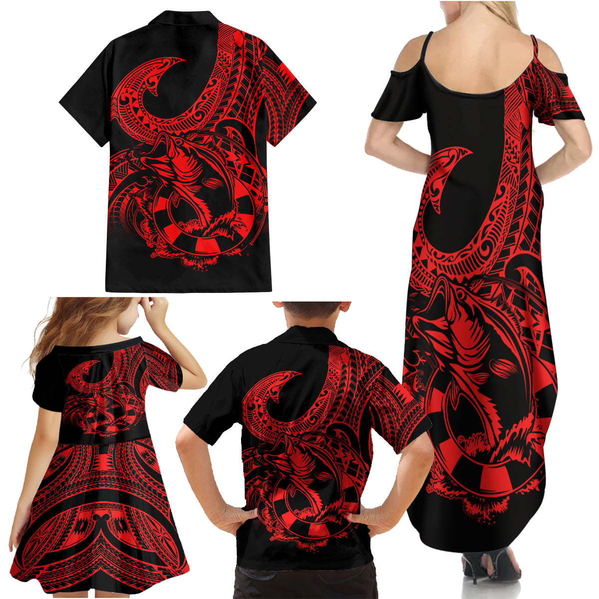 Polynesia Family Matching Summer Maxi Dress and Hawaiian Shirt Fish Hook Tattoo Go Fishing Polynesian Pattern Red - Wonder Print Shop