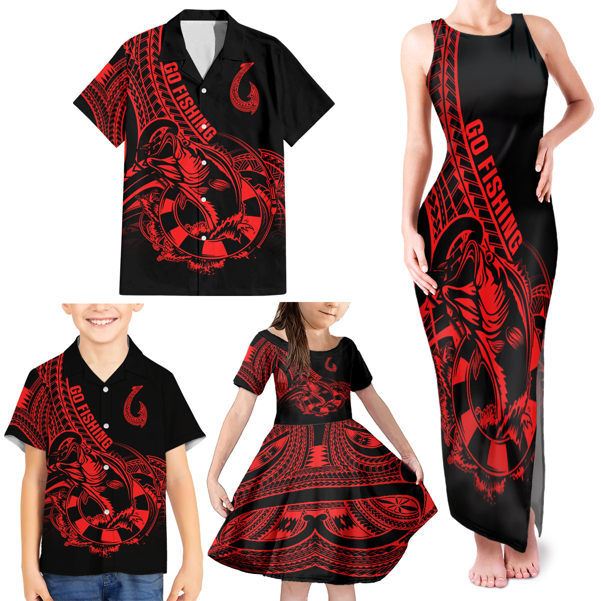 Polynesia Family Matching Tank Maxi Dress and Hawaiian Shirt Fish Hook Tattoo Go Fishing Polynesian Pattern Red - Wonder Print Shop